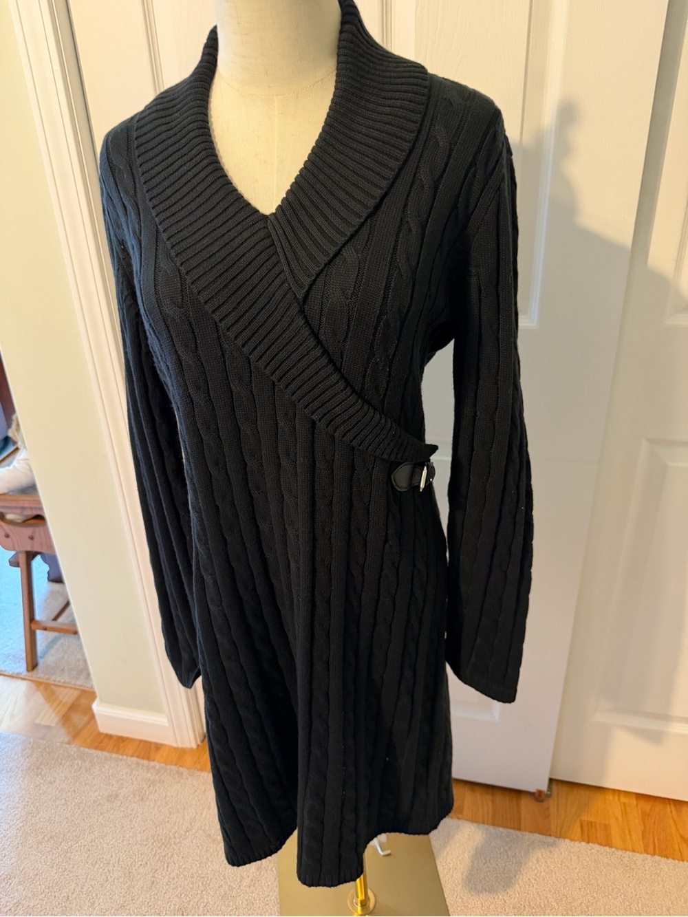 CHAPS Women’s Black Cable Knit Sweater Dress P/XL Shawl Collar Buckle Wrap Style